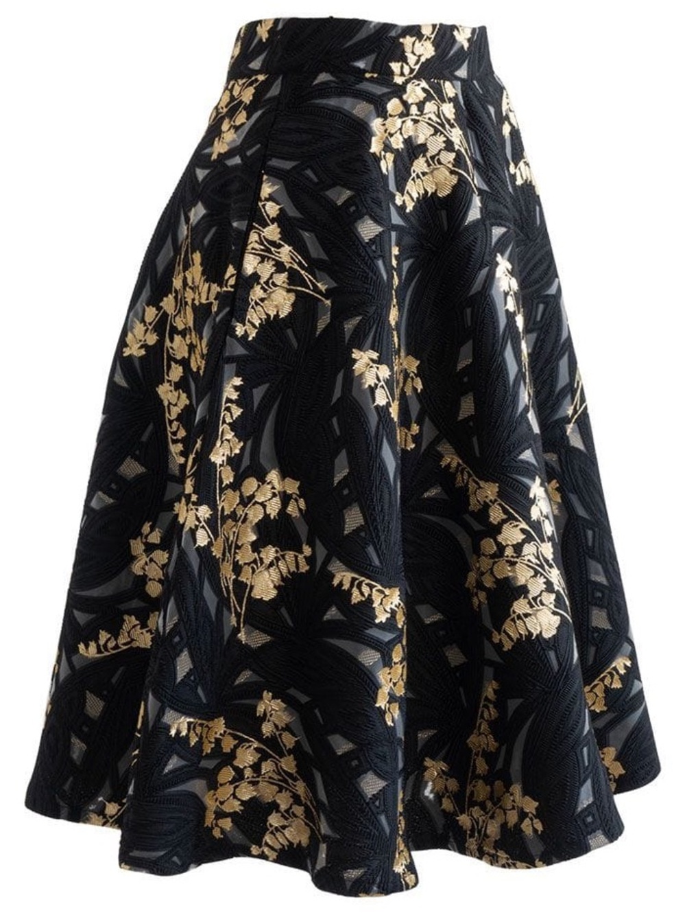 Chicwish Harebell Black Gold Embroidered Floral Jacquard A-line Midi Flare Skirt - Picture 4 of 6